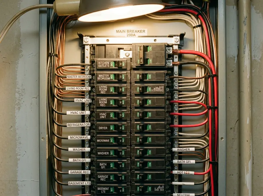 close-up of a residential breaker panel with neatly labelled circuit breakers, warm utility light, tidy wiring