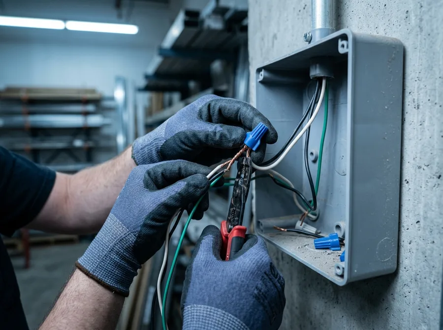 electrician's gloved hands connecting wires inside a junction box, focused detail shot, cool workshop light