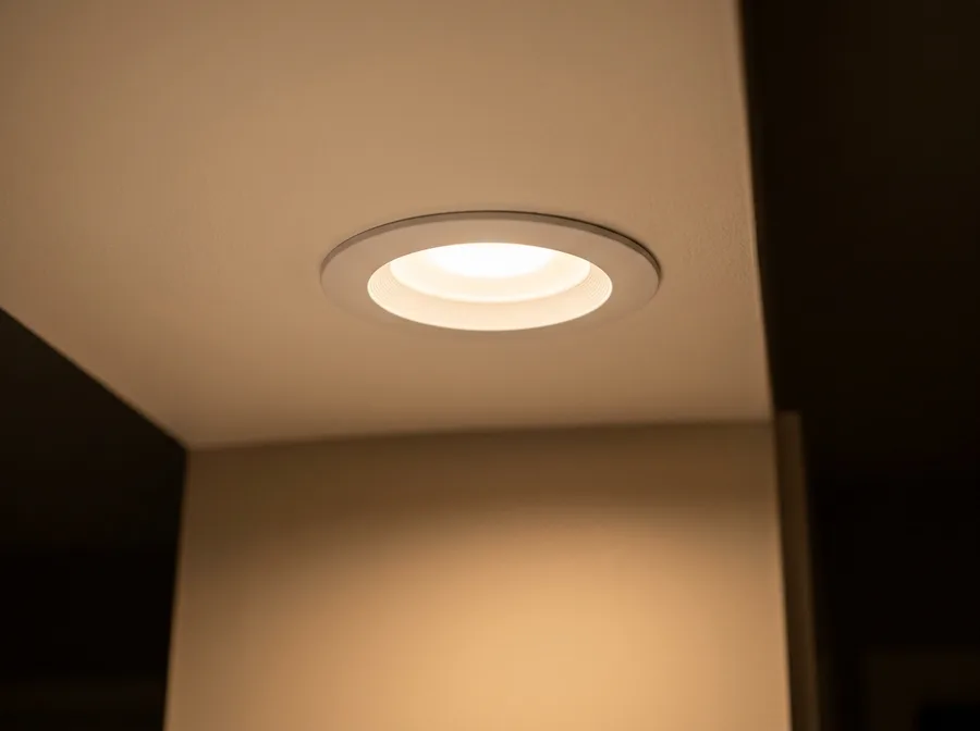 modern LED recessed lighting installed in a residential ceiling, warm interior glow, clean drywall finish